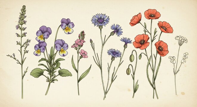 Zachte pastelkleuren verfraaien gedetailleerde wilde bloemen illustraties. AI Generated