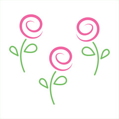 Vector illustration of a set of three small pink roses with green leaves on a white background.