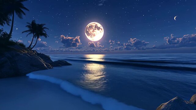 animation dreamy quiet calm peaceful beach in full moon night, 