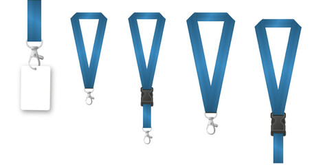 Badges Lanyard design. Identification card with ribbon. Metal closure and card with plastic. Accreditation for events congresses and companies. Vector