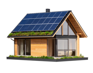 Realistic eco home with solar panels and green rooftop, isolated on a transparent background