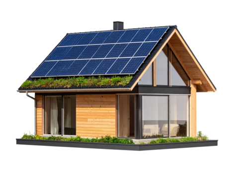 Realistic eco home with solar panels and green rooftop, isolated on a transparent background