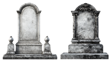 Two blank marble gravestones, isolated on black background.