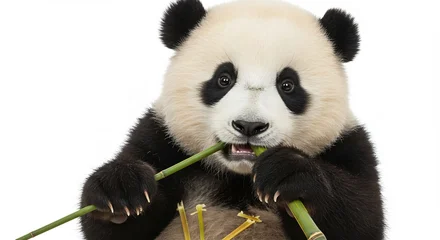 Gardinen Schattige pandababy knaagt vrolijk aan bamboe tegen heldere achtergrond. AI Generated © Lucas