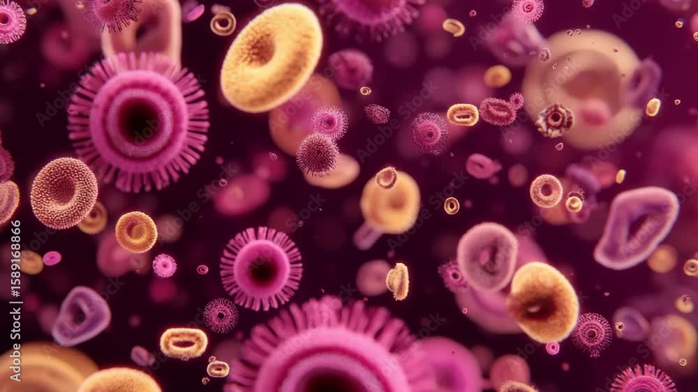 Poster microscopic organisms move and interact in a colorful environment showcasing cellular structures