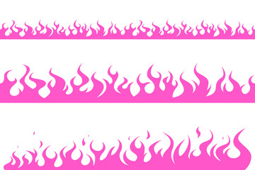 Pink flames borders set. Simple purple girly horizontal fire. y2k cute emo designs. Vector illustration isolated on a white background in flat style.