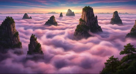 Fototapeten Wide Panorama of Red Mountains Above Fiery Clouds © EkoS