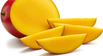 Gardinen Rijpe mango mooi gesneden helder belicht. AI Generated © Lucas