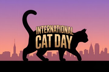 A black cat silhouette walks across a cityscape at sunset