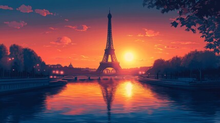 Fototapeta premium A Paris city view with generic tower at sunset, with calm river reflecting colorful sky