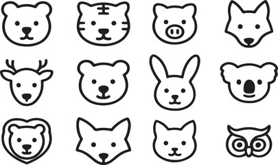 A fun collection of cute cartoon animal head icons, featuring a variety of pets like cats, dogs, pigs, and bears