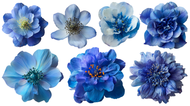 Collection of blue flowers, various types and shades.