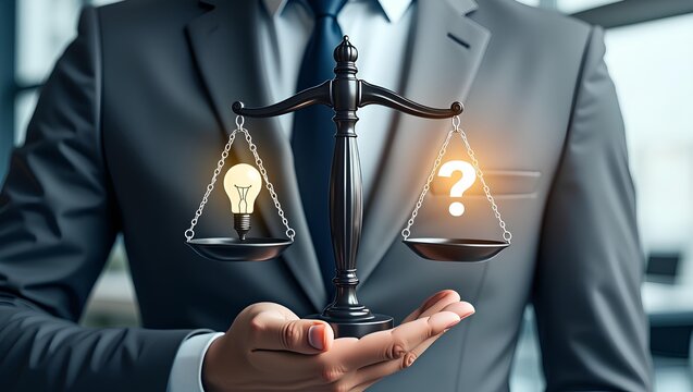 A professional in a business suit is holding a digital scale, with an illuminated lightbulb on one side and a question mark on the other