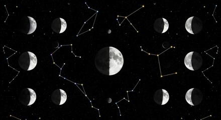 Various moon phases and constellations on a black background