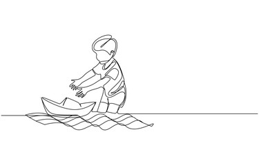 Boy playing with paper boat on water, single line art. Children's Day

