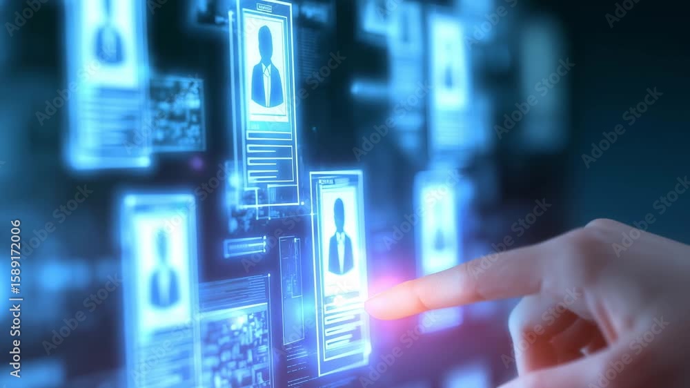 Poster a person touches a digital screen showcasing holographic user profiles and information in a technolo