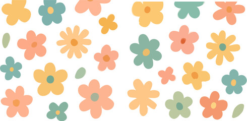 Fototapeta premium A collection of colorful, stylized flowers in various shapes and sizes, arranged on white.