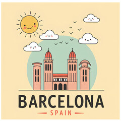Colorful flat illustration of a city skyline featuring iconic architecture, smiling sun, fluffy clouds, and birds, creating a cheerful atmosphere of urban life and culture