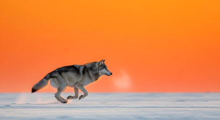 A wolf running across a snowy field against an orange sky