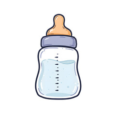 Colorful baby bottle illustration with clear liquid inside, featuring a soft orange nipple and gray cap, ideal for parenting themes and childcare concepts