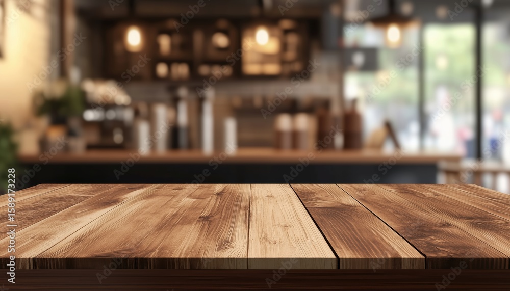 Poster empty wooden table in front of blurred coffee shop: a warm and component used for creating posters o