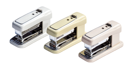 Three stylish staplers in white, beige, and cream.