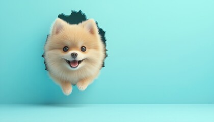 Adorable Pomeranian Spitz Puppy Climbs Out Of Hole In The Wall, Smiling On Bright Blue Background. Empty Space For Text.
