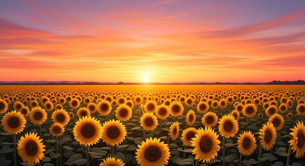 A field of sunflowers at sunset with a colorful sky above