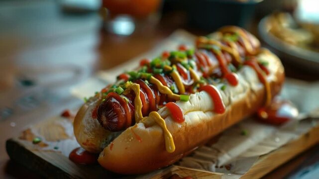 A juicy hot dog topped with yellow mustard, bright red ketchup, and green relish on a white background