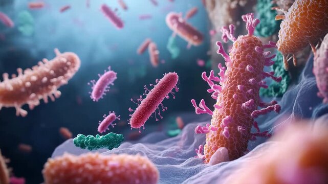 Healthy gut bacteria with colorful, floating microorganisms in motion, symbolizing microbiome balance, digestion, and overall wellness