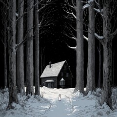 Winter cabin in dark forest at night