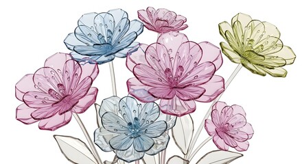 A bouquet of colorful transparent flowers on a white background