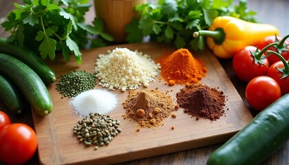 Colorful collection of fresh vegetables and spices arranged on a wooden board in a kitchen setting during daylight