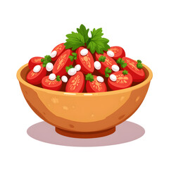 Fresh tomato salad with herbs and cheese in a ceramic bowl  