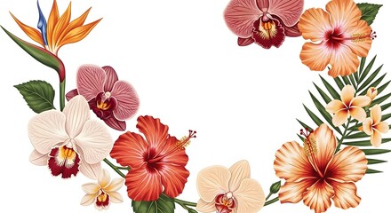 Arrangement of orchids hibiscus and bird of paradise flowers