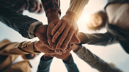 Diverse group hands clasped together high above
