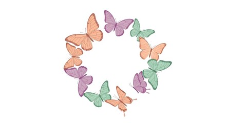 A circle of pastel colored butterflies on a white background