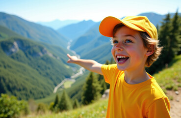 Woman with yellow cap smiling and pointing towards scenic mountain landscape with lush greenery and blue sky