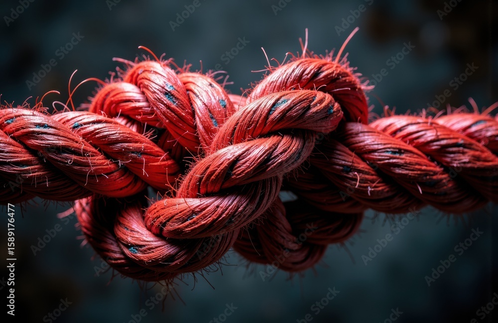 Poster red twisted rope with frayed fibers creating a textured close-up shot