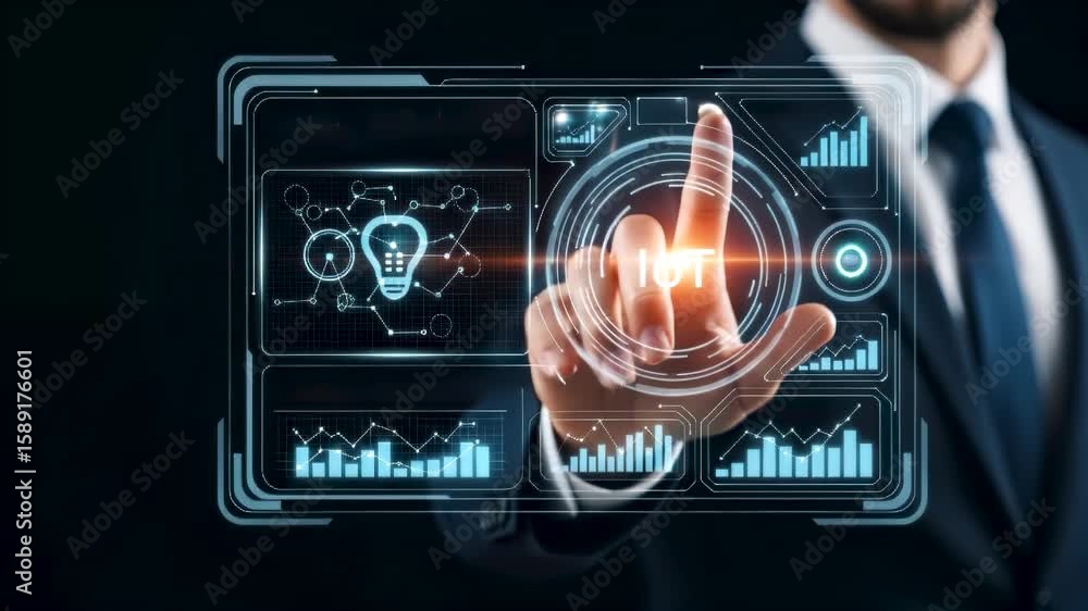 Poster businessman interaction with futuristic holographic interface featuring iot and ai, symbolizing digi