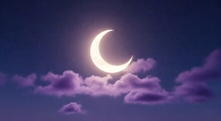 Crescent moon shining brightly amidst purple cloudscape night