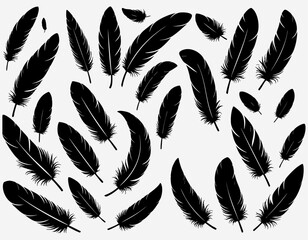 Scattered Black Feathers Silhouette Pattern on White