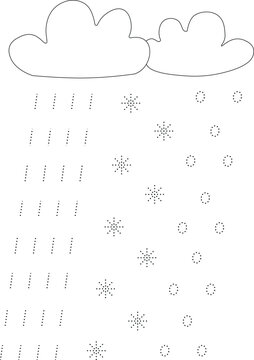Basic graphomotor exercises. Trace line worksheets for children with clouds and rain and snow. Preschool handwriting practice. Vector illustration.