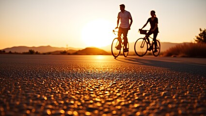 A silhouette of a man and a woman riding bicycles on an open road during sunset 