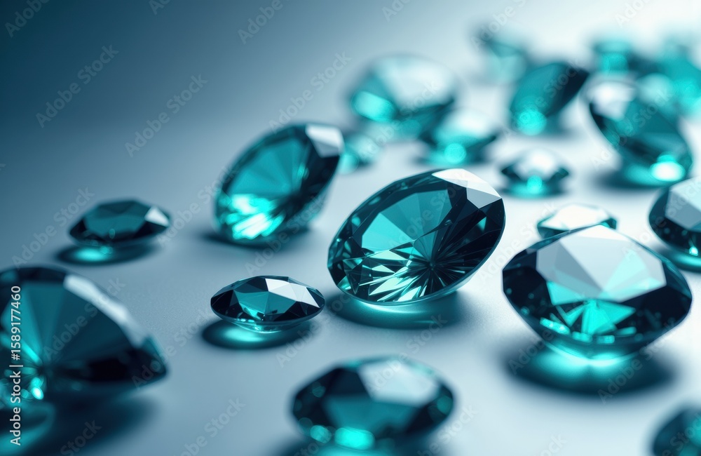 Poster colorful gemstones scattered on a reflective surface creating a sparkling display
