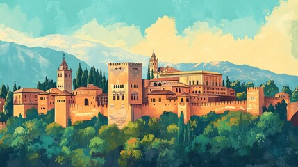Granada Spain Poster Illustration Travel Print Decor Gift Paper Canvas Wall Retro Art