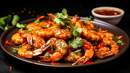 Plate of shrimp with a sauce on the side