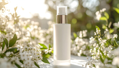White Cosmetic Bottle Amidst White Blossoms