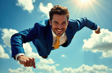 A smiling man in a blue suit flying through the sky with sunlight shining behind him