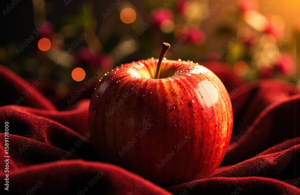 Poster red apple with shiny skin resting on deep red fabric, illuminated by warm bokeh lights in the backgr